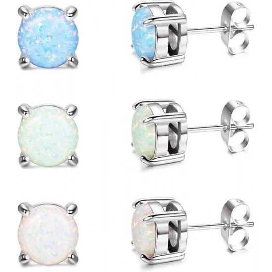 3 Pair Stud Earrings Set For Womens Teens Opal Birthstone Earrings For Sensitive Ears Round Gemstone Ear Stud Gift 4mm 6mm 8mm